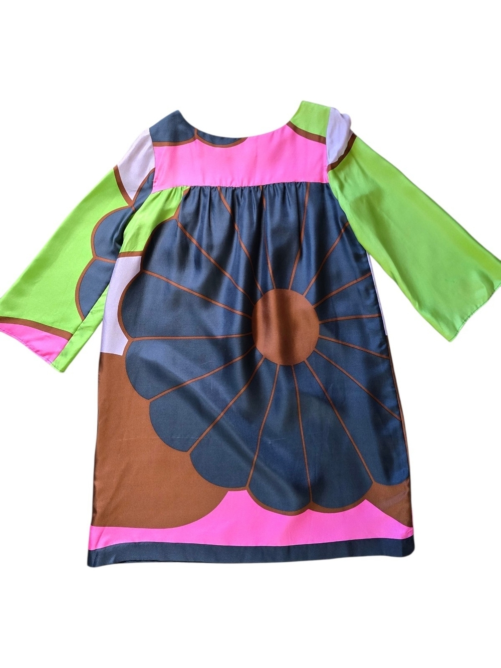 Tibi 100% Silk Neon Green, Hot Pink & Brown Floral Shift Dress